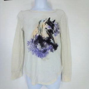 Mudd Girls Size 10 Off White Thin Thermal Waffle Long Sleeve Horse Graphic Tee